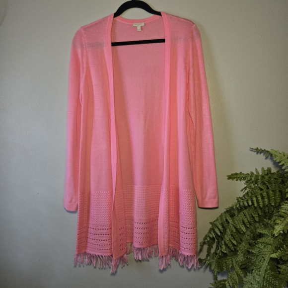 Talbots Textured Pink Fringe Open Front Cardigan ~ Size Small - Picture 2 of 6